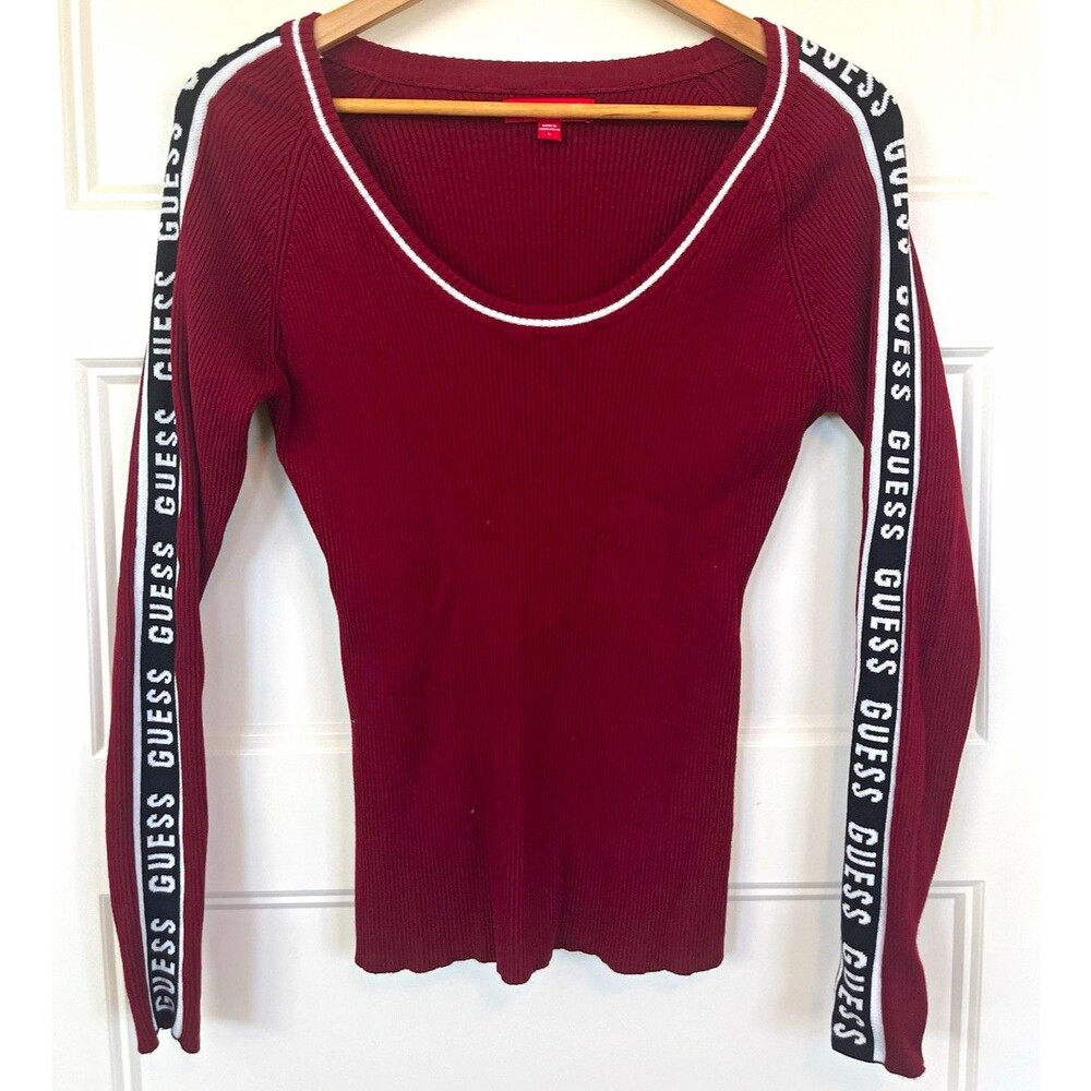 GUESS Women's Ribbed Scoop Neck Top Burgundy Red Logo Tape Arms Long Sleeve L